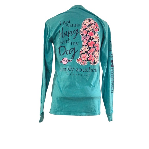 Simply Southern Long Sleeve Graphic Tee Teal Hang With My Dog Floral Small - Picture 5 of 13